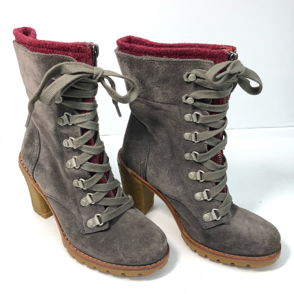 UGG Fabrice Gray Suede Magenta Wool Two Tone Zipper Lace Up Lug Sole Heeled Boot